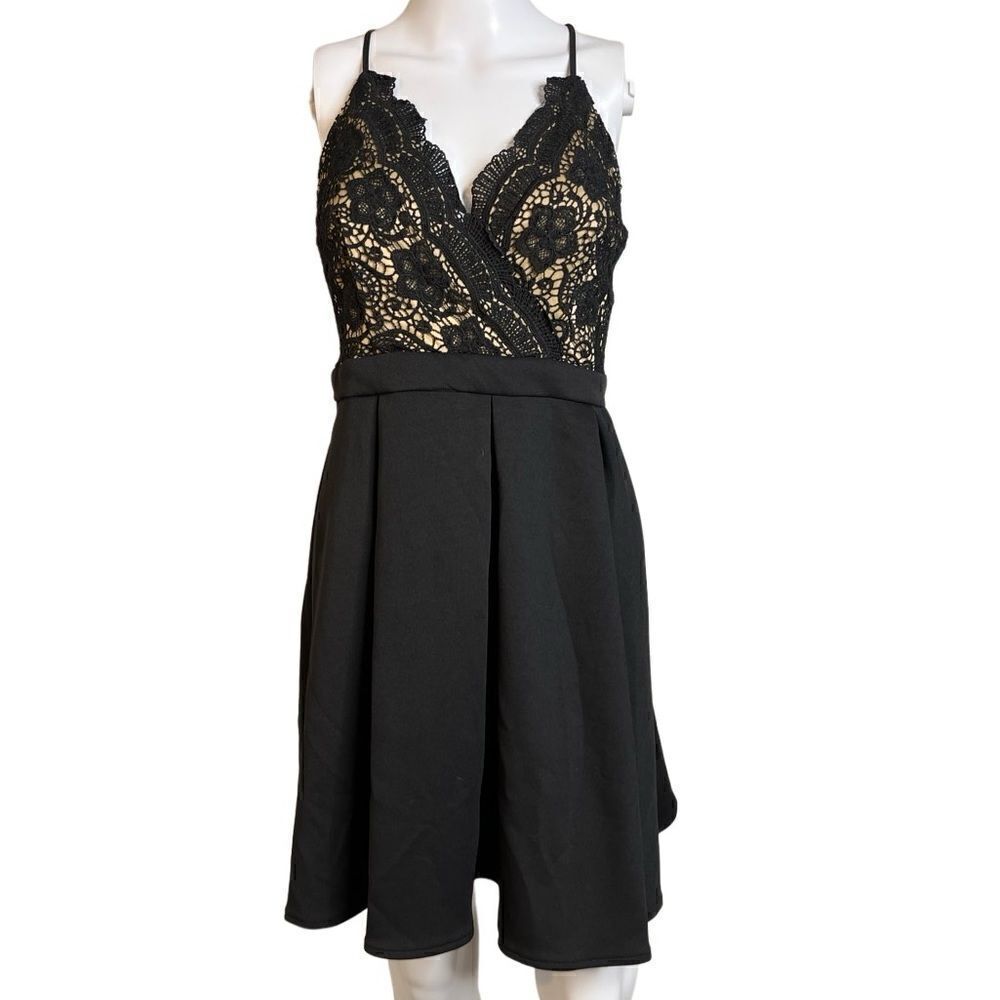 Francesca's Lace Overlay Mini Dress Black and Nude Size Medium